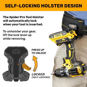 Spider Pro Tool Holster Upgraded Self Locking Quick Draw Universal Tool Holder With Ambidextrous Thumb Lock Clips Onto Any