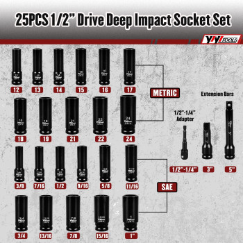 Yiyitools 25Pcs 12 Drive Deep Impact Socket Set Saemetric1224Mm 381Inch Including 3 5 Extension Bars And 12