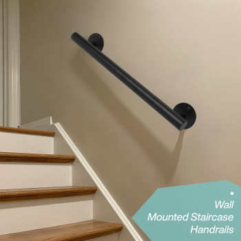 Purife 16 Ft Black Metal Heavy Duty Stair Railing Indoor Wall Mounted Iron Staircase Handrail Hand Railings Kit For Garage