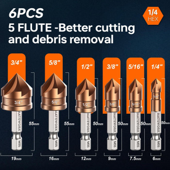 Countersink Drill Bit Set M35 Cobalt Hss Countersink Drill Bits 6 Pieces 14 Inch Quick Change Hex Shank For Metal Wood Stain