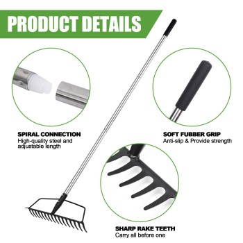 Yeelor Garden Rake Carbon Steel Sturdy And Heavy Duty Carbon Rake Bow Rake With Adjustable Stainless Steel Handle Long Hand R