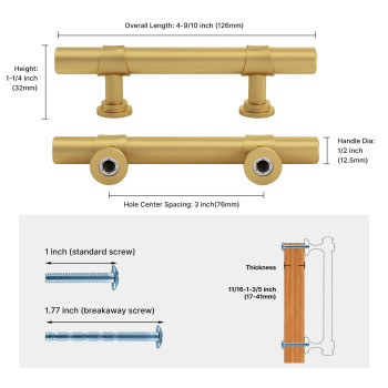 Haliwu Gold Cabinet Pulls 6 Pack 3 Inch Hole Spacing Gold Cabinet Handles Brushed Brass Cabinet Handles Gold Dresser Pulls Dra