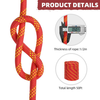 12 Inch Climbing Rope 50 Ft Red 48 Strands Tree Climbing 12In Arborist Rope Rappelling Rope Static Nylon Polyester Braided R