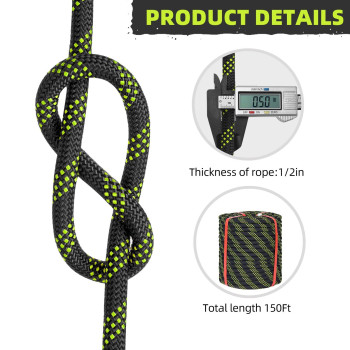 12 Inch Climbing Rope 150 Ft Black 48 Strands Tree Climbing 12In Arborist Rope Rappelling Rope Static Nylon Polyester Braide