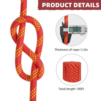 12 Inch Climbing Rope 100 Ft Red 48 Strands Tree Climbing 12In Arborist Rope Rappelling Rope Static Nylon Polyester Braided