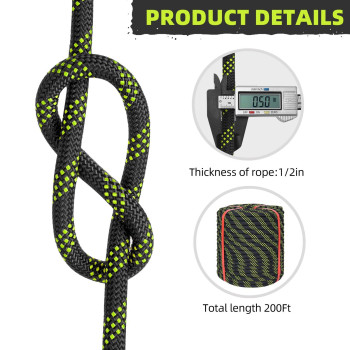 12 Inch Climbing Rope 200 Ft Black 48 Strands Tree Climbing 12In Arborist Rope Rappelling Rope Static Nylon Polyester Braide