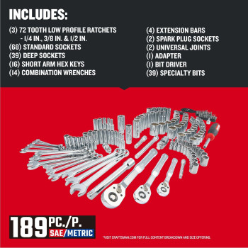 Craftsman Mechanics Tool Set 14 And 38 Inch Drive 189 Piece Cmmt12134