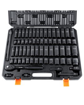 Vevor 12 Drive Impact Socket Set 65 Piece Socket Set Sae 38 To 114 And Metric 1024Mm 6 Point Crv Alloy Steel For A