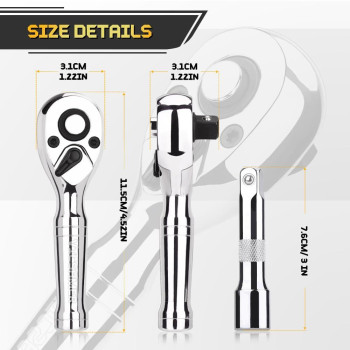 Tiosamd Stubby Ratchet Set 38 Drive Ratchet Handle With A Extension Bars Gift For Men 72T Reversible Quick Release Head Pr