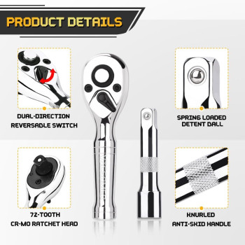 Tiosamd Stubby Ratchet Set 38 Drive Ratchet Handle With A Extension Bars Gift For Men 72T Reversible Quick Release Head Pr