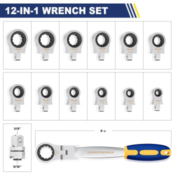 Haisstronica 13Pcs Flexhead Ratcheting Combination Wrench Set With 38 In Adapter Sae 1434 Inch Ratchet Wrench Tool For Aut