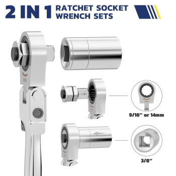 Haisstronica 13Pcs Flexhead Ratcheting Combination Wrench Set With 38 In Adapter Sae 1434 Inch Ratchet Wrench Tool For Aut