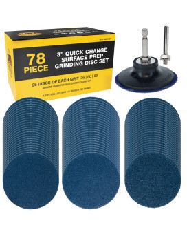 Duragold 3 78 Piece Quick Change Grinding Disc Set 25 Discs Each 36 60 And 80 Grit Plus Backing Pad Shanks Rtype Roll