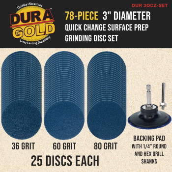 Duragold 3 78 Piece Quick Change Grinding Disc Set 25 Discs Each 36 60 And 80 Grit Plus Backing Pad Shanks Rtype Roll