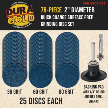 Duragold 2 78 Piece Quick Change Grinding Disc Set 25 Discs Each 36 60 And 80 Grit Plus Backing Pad Shanks Rtype Roll