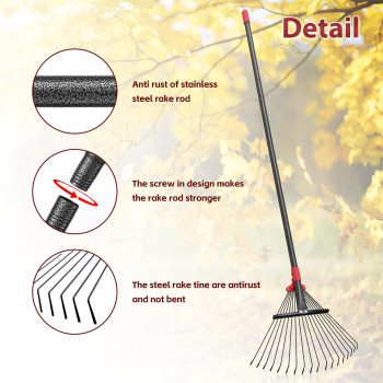 60 Inch Rake For Leaves Adjustable 18 Metal Tines With Expandable Head Garden Rakes For Lawns Heavy Duty Metal Rake For Leaves