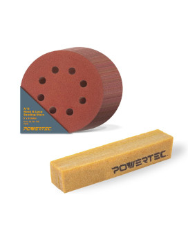 Powertec 45055 5 Inch 8 Hole Hook And Loop Sanding Discs With Abrasive Cleaning Stick Set Includes 75 Pack 4080120 Assorted G