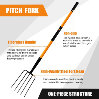 Vnimti Pitch Fork For Gardening 5 Tine Pitchfork Heavy Duty With Fiberglass Handle 58 Inches