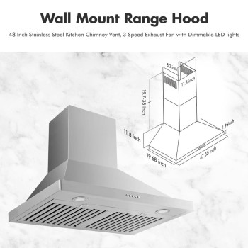 Micmi 48 Inch Wall Mount Range Hood Vent Convertible 800Cfm Stainless Steel For Kitchen 3 Speed Exhaust Fan Etl Listed 48 Inch