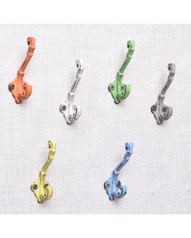 Indian Shelf 6 Pack Heavy Duty Colorful Kids Hooks Double Prong Cast Iron Farmhouse Decorative Rustic Vintage Wall Hooks For Han