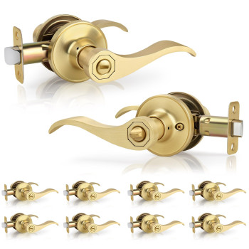 Gaurqiah 10 Pack Wholesale Brushed Gold Privacy Wave Style Door Lever Keyless Door Handles Thumbturn Button Interior Interi