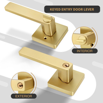 Gaurqiah Brushed Gold Keyed Entry Square Door Lever 5 Pack Wholesale Heavy Duty Interior Door Lever Keyed Not Alike Reversib