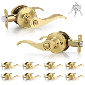 Gaurqiah Brushed Gold Wave Style Door Lever With Keys 10 Pack Wholesale Reversible Door Handles With Lock Interior Door Handle