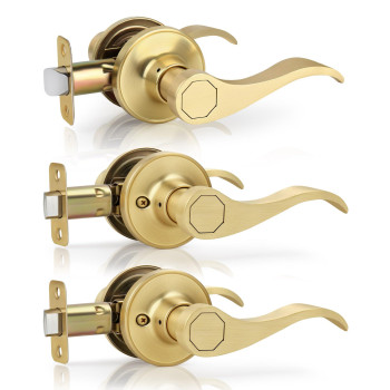 Gaurqiah 3 Pack Wholesale Brushed Gold Nonlocking Door Lever Keyless Wave Style Door Handles Passage Door Handle For Hallway