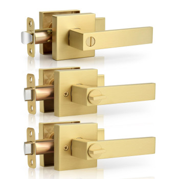 Gaurqiah 3 Pack Wholesale Brushed Gold Privacy Door Levers Square Keyless Door Handles For Interior Doors Heavy Duty Reversible