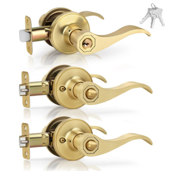 Gaurqiah Brushed Gold Wave Style Door Lever With Keys 3 Pack Wholesale Reversible Door Handles With Lock Interior Door Handle