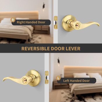 Gaurqiah Brushed Gold Wave Style Door Lever With Keys 3 Pack Wholesale Reversible Door Handles With Lock Interior Door Handle