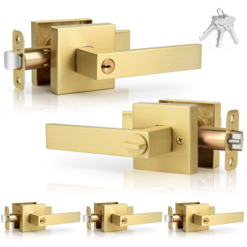 Gaurqiah 5 Pack Wholesale Brushed Gold Keyed Entry Door Levers Square Reversible Door Handles For Interior Door Heavy Duty Door