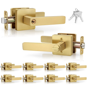 Gaurqiah Brushed Gold Keyed Entry Square Door Lever 10 Pack Wholesale Heavy Duty Interior Door Lever Keyed Not Alike Reversi