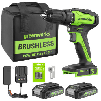 Greenworks 24V Brushless Cordless Drill Kit 310 Inlbs 181 Position Clutch 12 Keyless Chuck Variable Speed 22Ah Bat