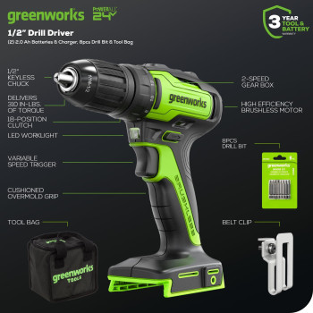 Greenworks 24V Brushless Cordless Drill Kit 310 Inlbs 181 Position Clutch 12 Keyless Chuck Variable Speed 22Ah Bat