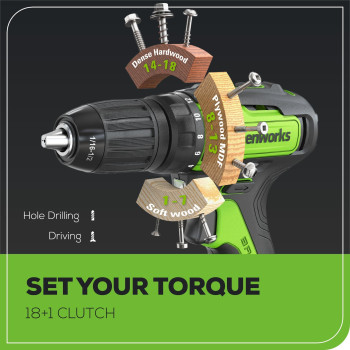 Greenworks 24V Brushless Cordless Drill Kit 310 Inlbs 181 Position Clutch 12 Keyless Chuck Variable Speed 22Ah Bat