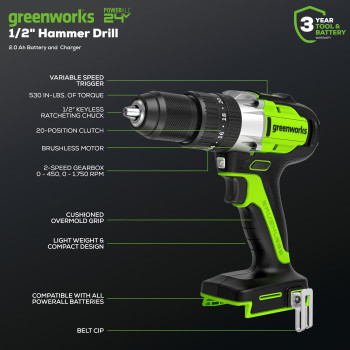 Greenworks 24V Brushless 12 Hammer Drill 530 Inlbs 20Ah Battery And Charger Included Ddg402