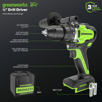 Greenworks 24V Cordless Brushless 12 Drill Driver Metal Chuck 800 Inlbs 21 Clutch Positionled Light 4Ah Battery And