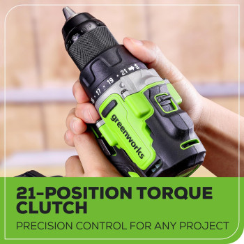 Greenworks 24V Cordless Brushless 12 Drill Driver Metal Chuck 800 Inlbs 21 Clutch Positionled Light 4Ah Battery And