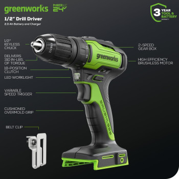 Greenworks 24V Brushless Drill 300Inibs 2 2 Ah Batteries 2A Adaptor 1H Charger Bag