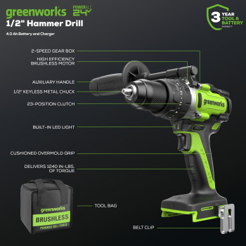 Greenworks 24V Brushless 12 Hammer Drill Metal Chuck 1240 Inlbs 23 Clutch Position28 000 Bpmled Light 4Ah Battery A