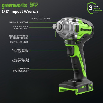 Greenworks 24V Brushless 12 Cordless Impact Wrench 3 Speed 300 Ftlbs Led Light 20Ah Battery And Charger Included