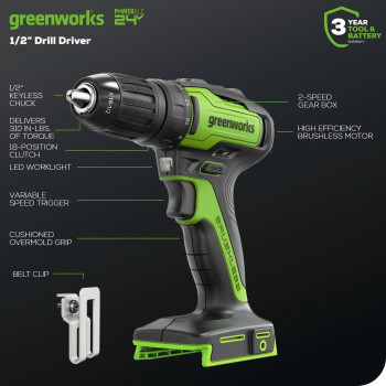 Greenworks 24V Brushless Cordless 12Inch Drilldriver 2 15Ah Usb Batteries Usb Hub And Charger Included Dd24L1520