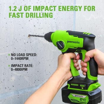 Greenworks 24V Cordless Sds 12J Heavy Duty Rotary Hammer Drill 1Inch Brushless Hammer Drill For Concrete 2Mode And Vairable