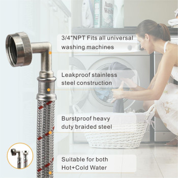 Washer Hoses 6 Ft Premium Stainless Steel With 90 Degree Elbow Long 2 Pack Burst Proof Hot And Cold Striped Water Connection