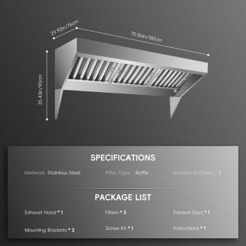 Gaomon Commercial Exhaust Hood 6Ft Rust Resistant Vent Hood Food Truck Hood Exhaust 201 Stainless Steel With 3 Detachable Ushap