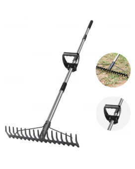 Bow Rake Heavy Duty Garden Rake With Backsaving Handle 17 Steel Tines Metal Head Rake Tool For Loosening Soil Gathering Leaf L