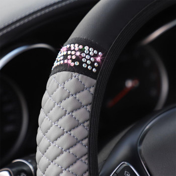 Osilly Bling Car Steering Wheel Cover 15 Inch Rhinestones Soft Leather Elastic Steering Wheel Protector Sparkly Crystal Diamon