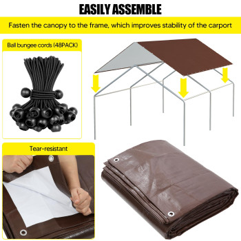 10 X 20 Ft Carport Replacement Canopy Cover Garage Top Tent Shelter Tarp With Free 48 Ball Bungee Cords Brown Only Cover Frame