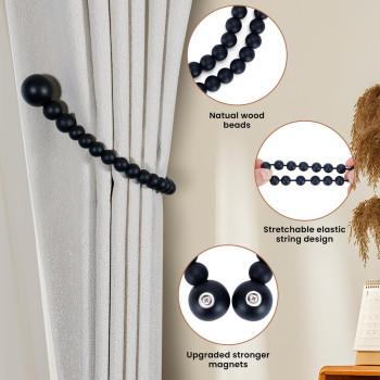 Klogtsind Magnetic Curtain Tiebacks Curtain Tie Backs For Curtains 6 Pack Wood Bead Curtain Tiebacks Curtain Holders For Boho